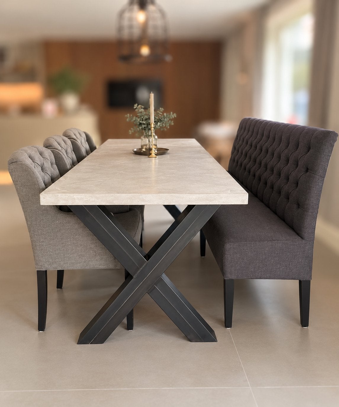 Beton ciré eettafel met 3 stoelen en eettafelbankje, Huis en Inrichting, Ophalen, Gebruikt, 200 cm of meer, 50 tot 100 cm