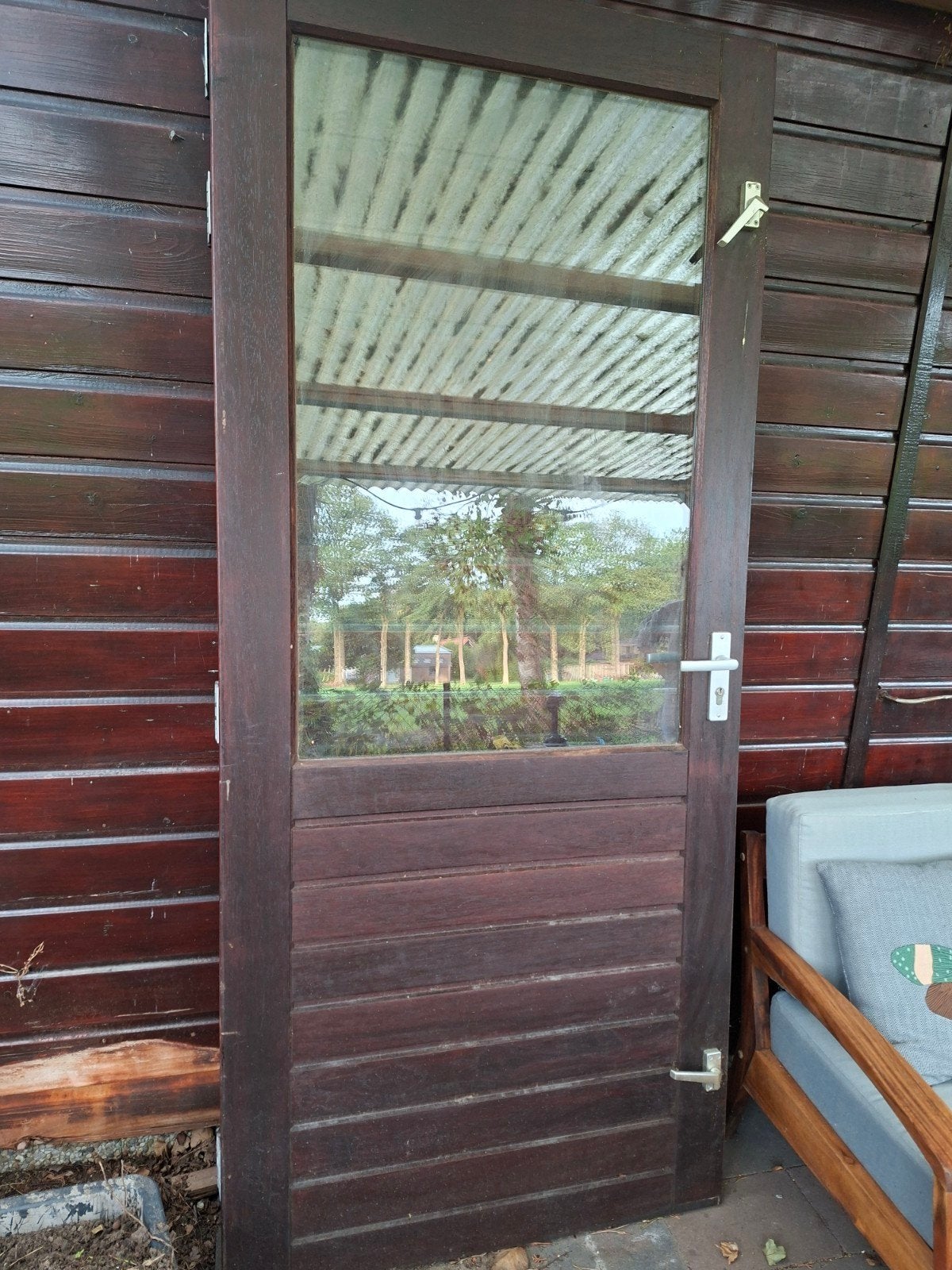 Zware hardhouten buitendeur met dubbel glas en slot, 80 tot 100 cm, Ophalen of Verzenden, 200 tot 215 cm, Glas