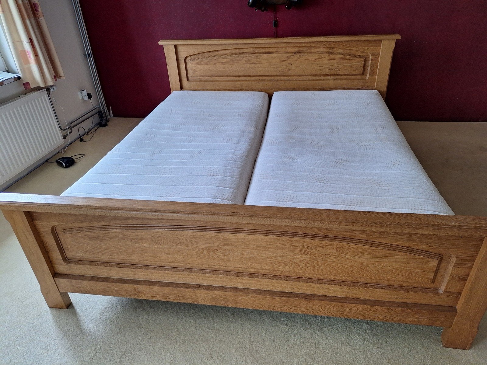 Massief eiken tweepersoonsbed met Auping matrassen, Tweepersoons, Ophalen of Verzenden, 180 cm, 200 cm