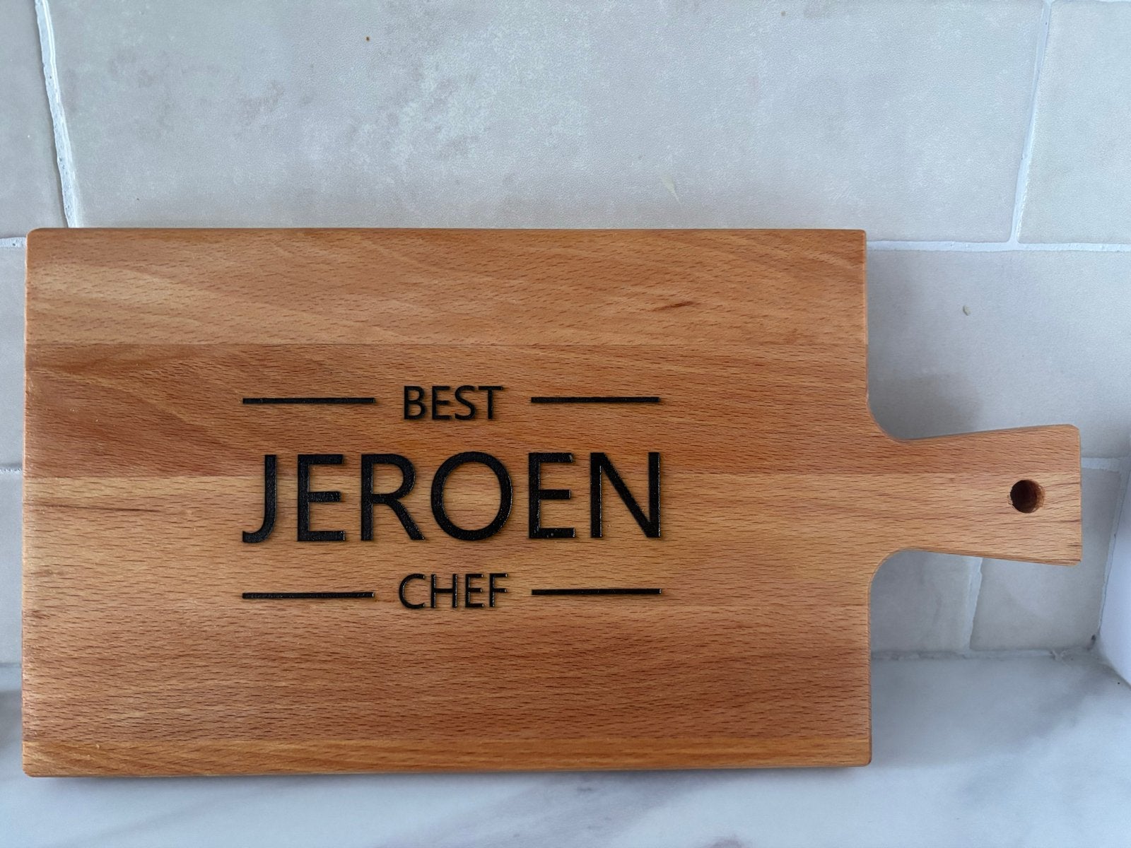 Beukenhouten snijplank met gravering (31,5x16x2cm), Hout, Snij-/serveerplank, Nieuw, Ophalen of Verzenden