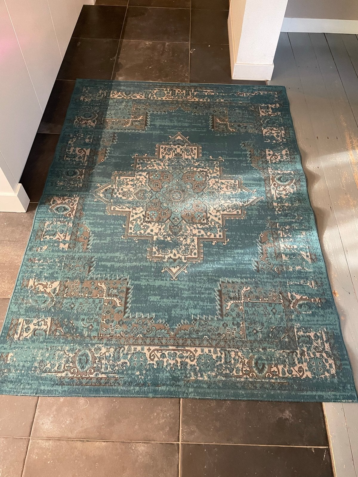Vloerkleed 225x160 cm, turquoise met oosters patroon, Ophalen, Gebruikt, Blauw, 150 tot 200 cm