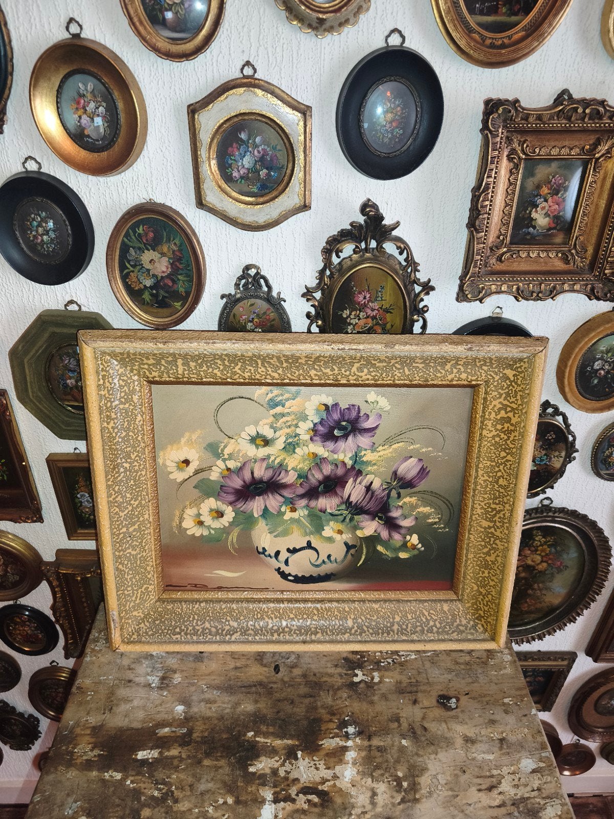 oud schilderijtje schilderij lijst stilleven bloemen Y90, Ophalen of Verzenden