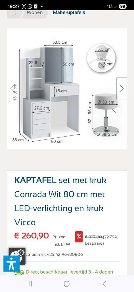 Kaptafel / Make-up tafel met LED-verlichting en kruk, Modern, Scandinavisch, 100 tot 150 cm, Zo goed als nieuw, Hout