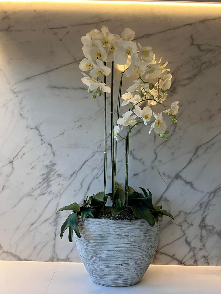 XXL KUNST ZIJDE ORCHIDEE BLOEMEN PLANTEN IN XXL DESIGN POT, Ophalen of Verzenden, Zo goed als nieuw, Binnen