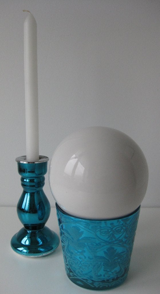 Decoratiepot met decobol + Kandelaar turquoise/aqua blauw, Ophalen of Verzenden, Nieuw, Blauw, Overige materialen