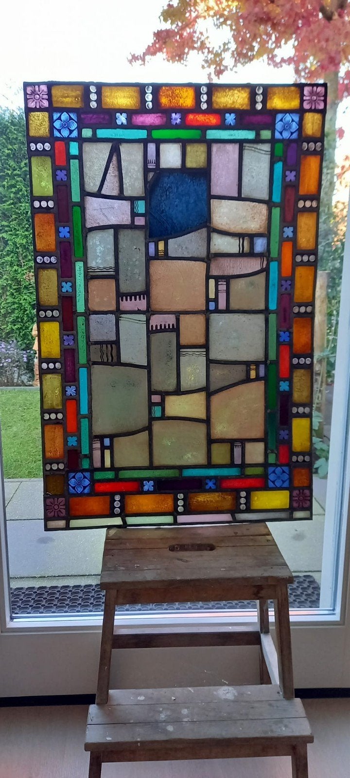 groot gebrandschilderd art deco glas in lood raam, Ophalen