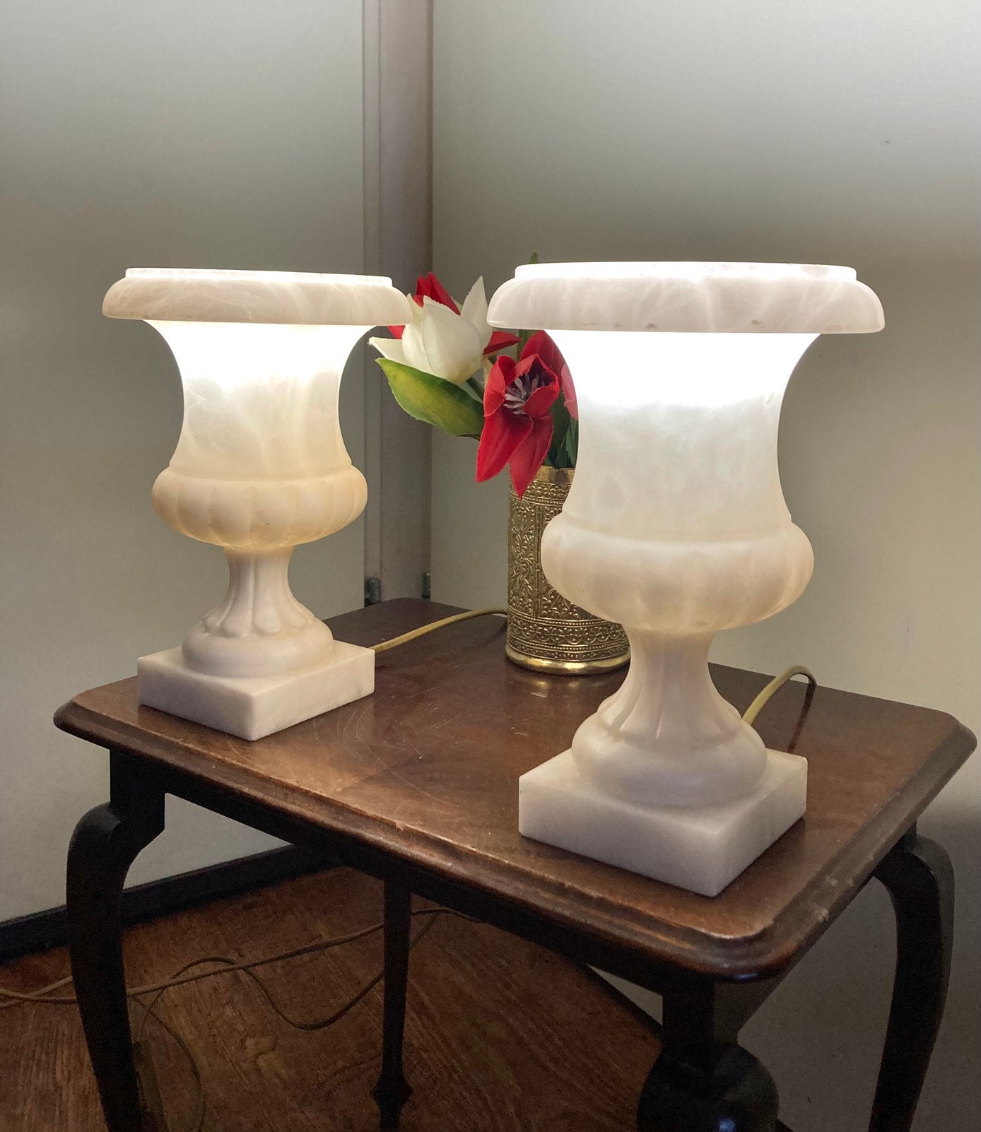Set vintage albast lampen wit natuursteen., Vintage, E14 (klein), Wit, Ophalen of Verzenden