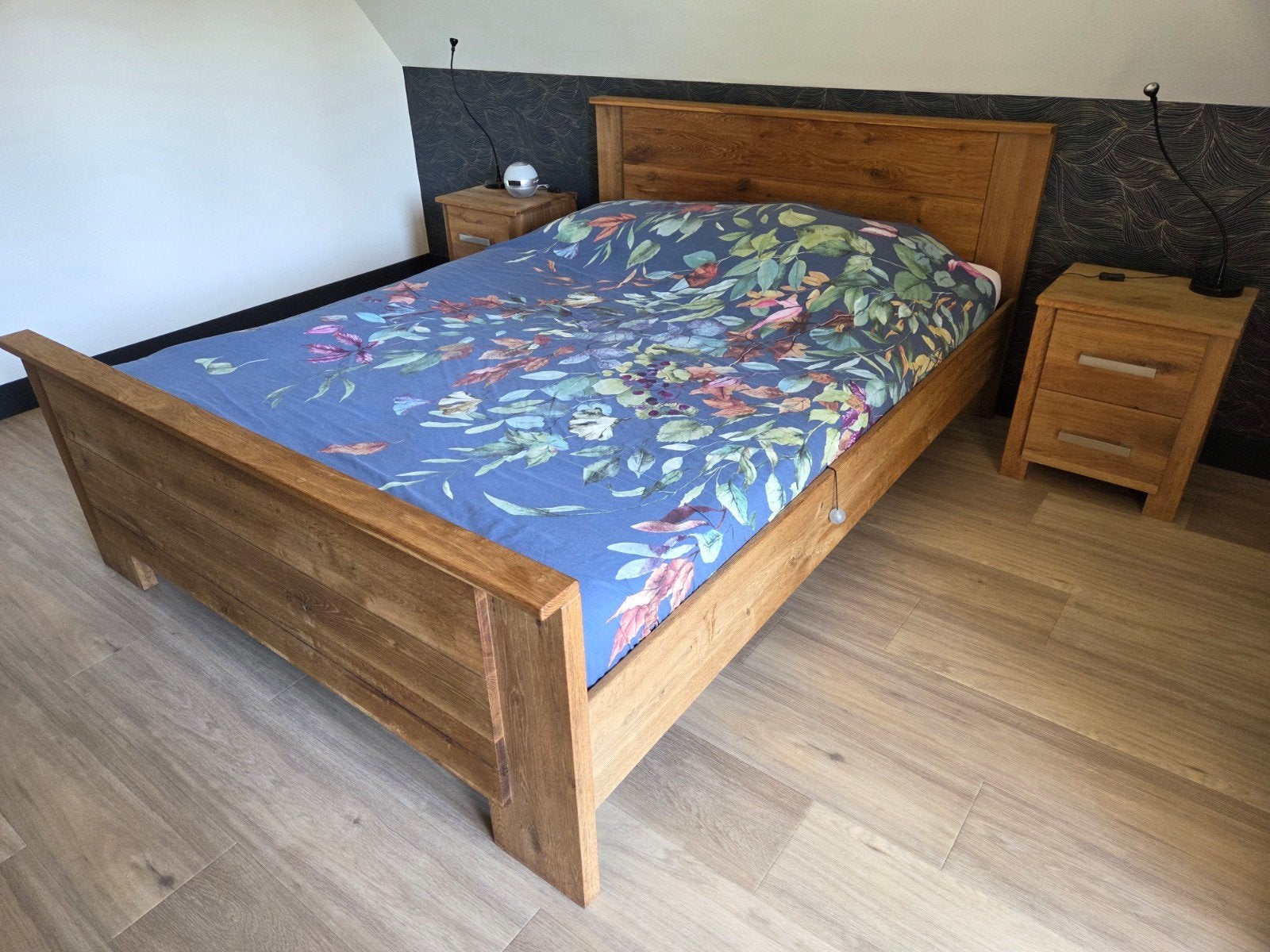 Massief Houten Tweepersoons Ledikant 210x160 + nachtkastjes, Ophalen, Gebruikt, Tweepersoons