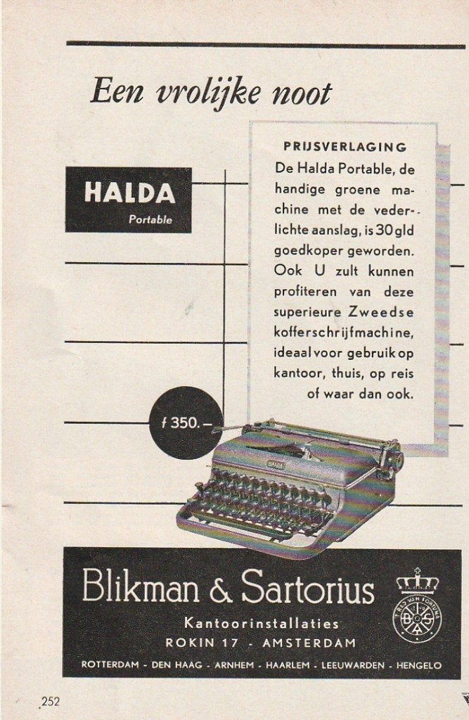 Retro reclame 1953 Blikman Halda schrijfmachine typemachine, Verzenden, Overige typen