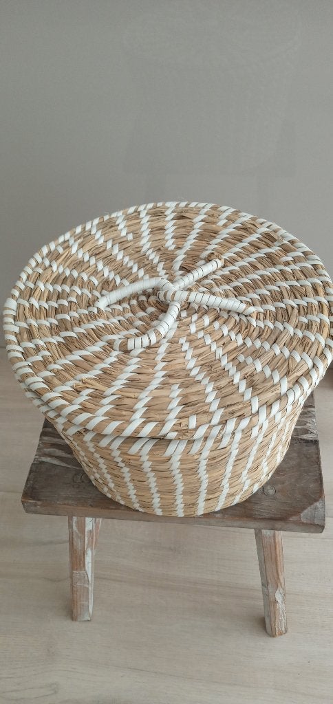 Zeegras mand met deksel naturel maat M - naturel - bohemian, Overige materialen, Met deksel, Mand, Rond