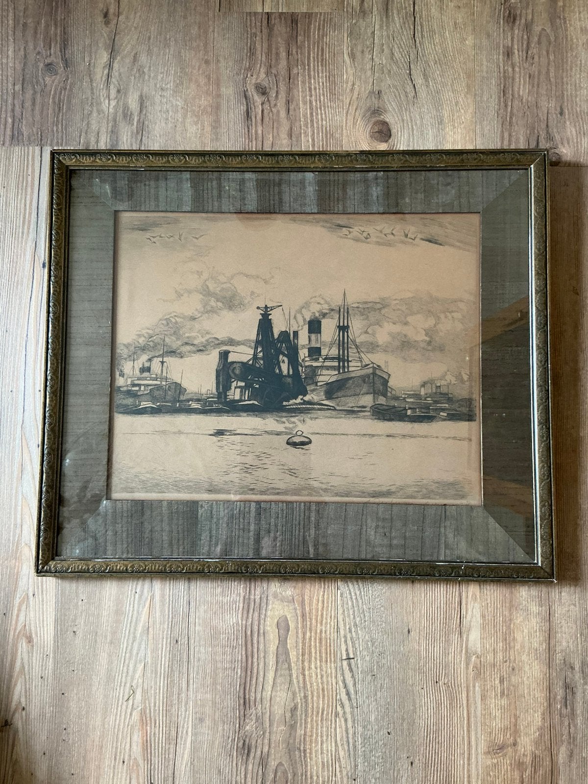 Oud tafereel van de (denk) Rotterdamse haven. Uit 1928. Ets?, Ophalen