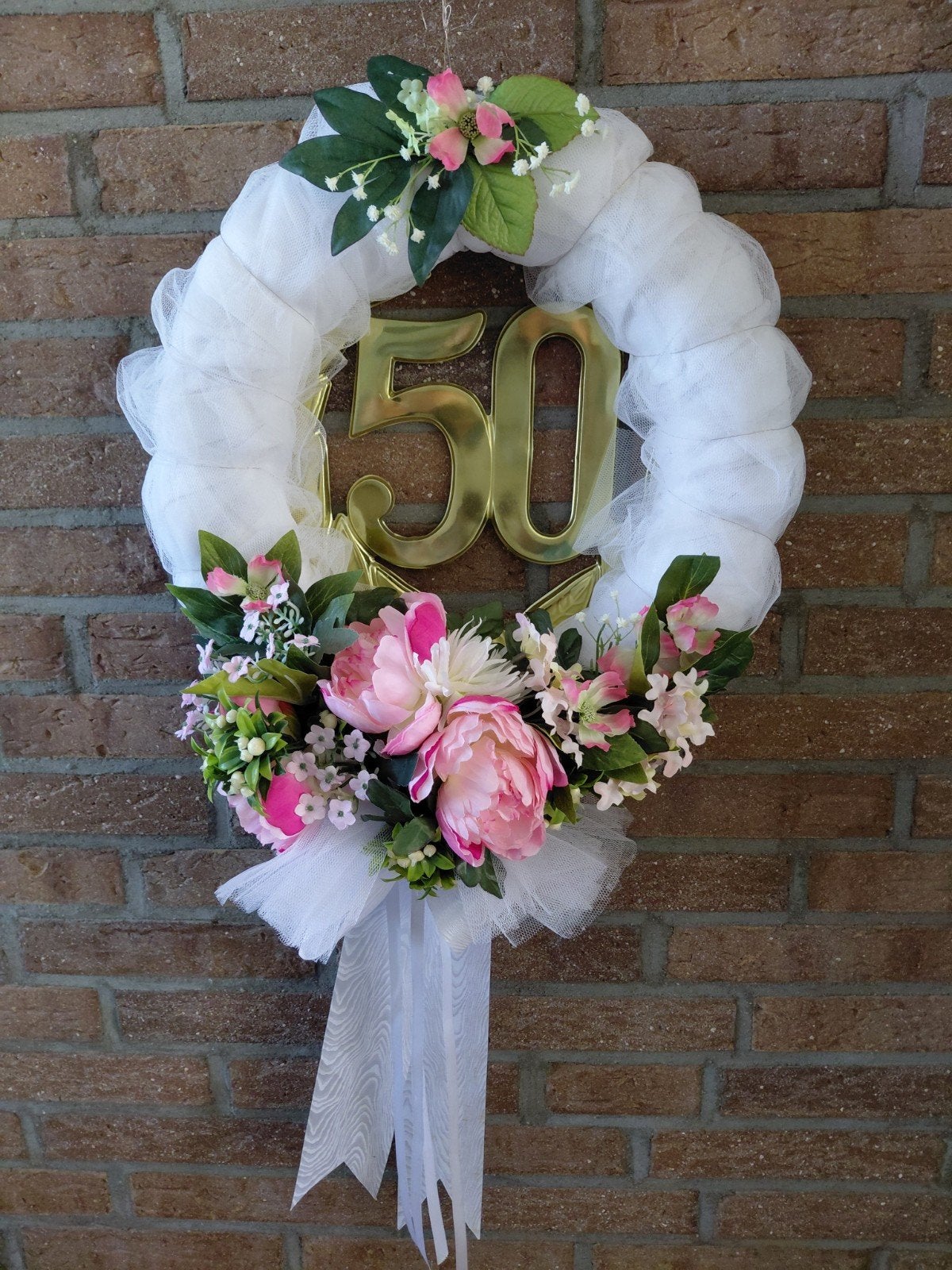 Bruidskrans, met witte tule, roze bloemen en "gouden" 50, Ophalen, Zo goed als nieuw, Versiering, Geboorte of Huwelijk