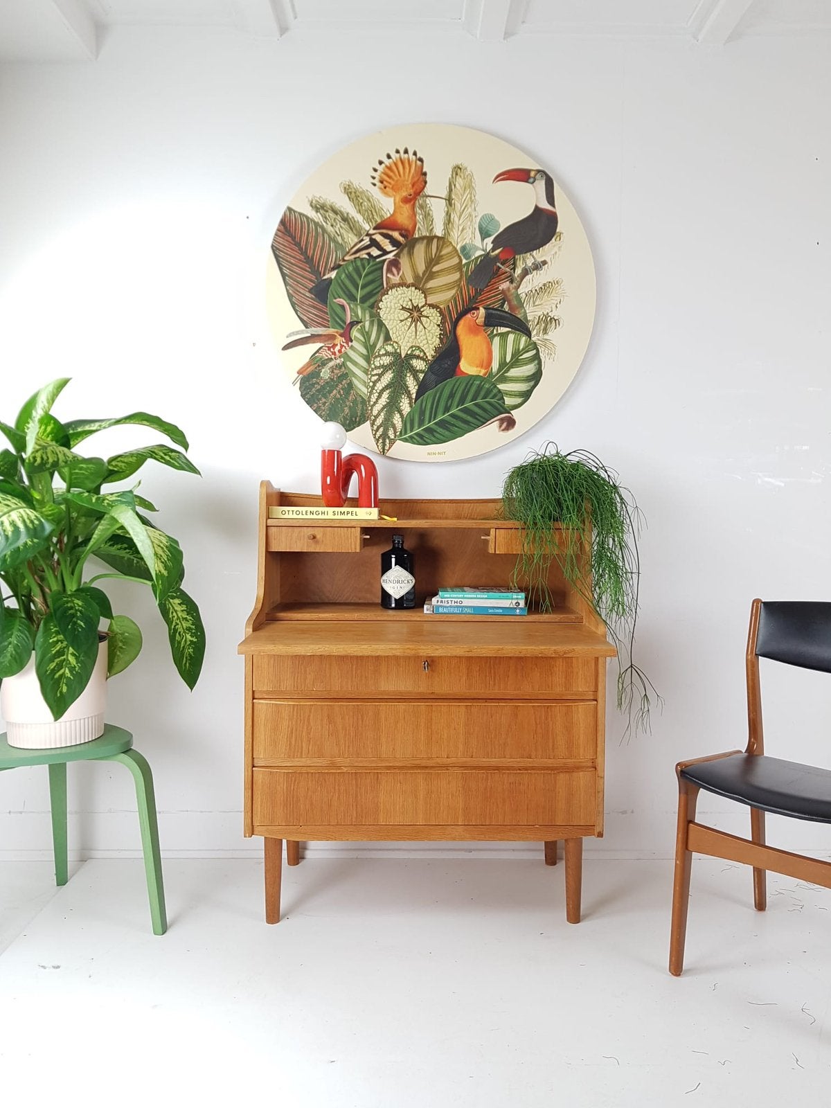 Vintage deense secretaire eiken fineer bureau lades, Ophalen of Verzenden, Gebruikt