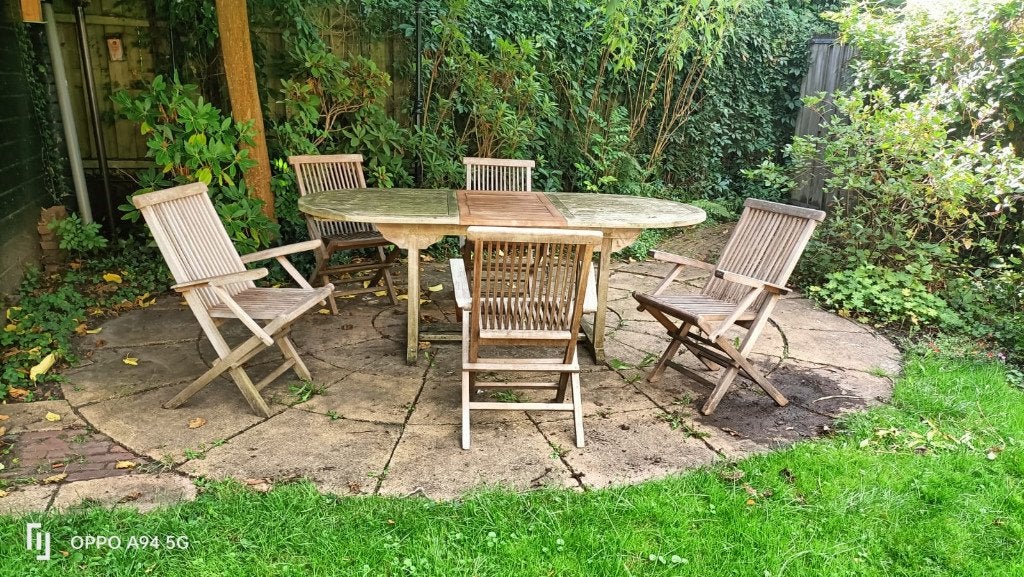 houten tuinset, Tuin en Terras, Ophalen, 5 zitplaatsen, Gebruikt, Hout