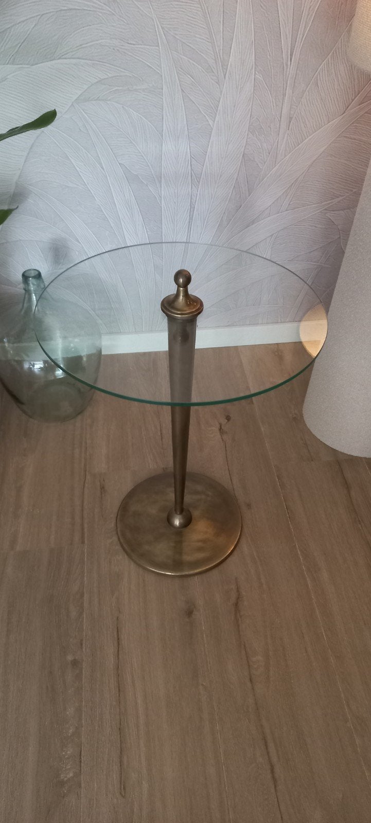 Glazen bijzettafel met messing onderstel, Huis en Inrichting, Minder dan 55 cm, Klassiek, Modern, Elegant, Rond, Ophalen