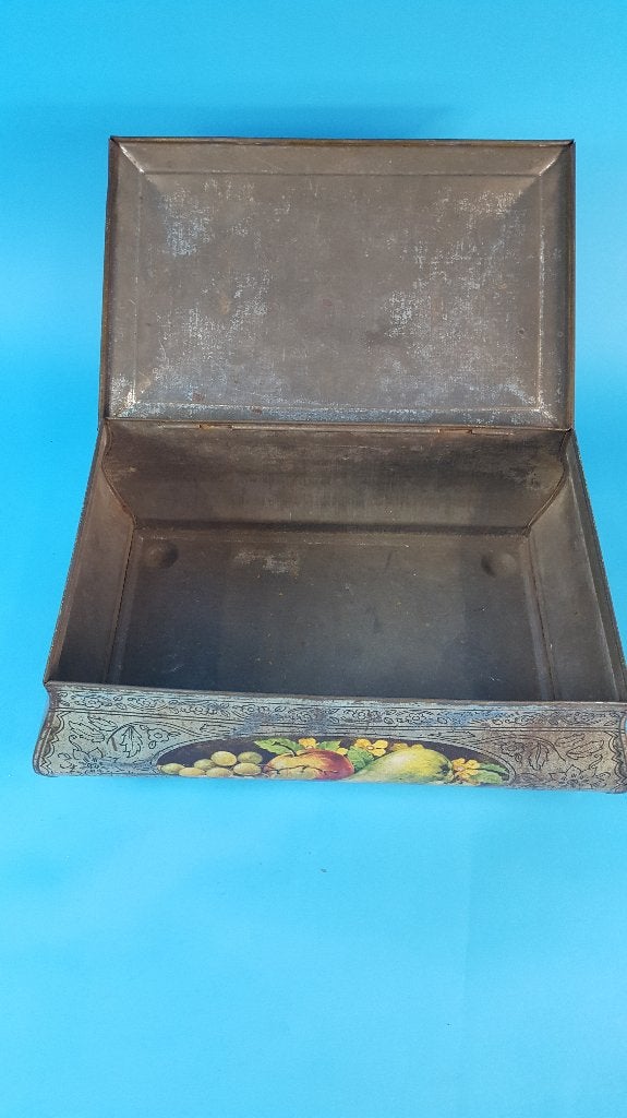 Vintage brocante metalen blik met fruit stilleven. 6C6, Verzamelen, Blikken, Ophalen of Verzenden, Gebruikt, Koek(jes)