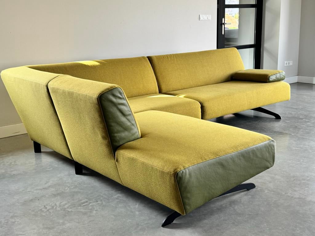 Montel hoekbank - Stof en leer - Groen  / vlekvrij, Montel, 250 tot 300 cm, Hoekbank, Leer