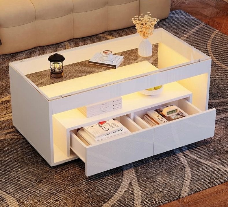 Vutizal LED Salontafel 110x50cm Wit Hoogglans met 2 Laden, Huis en Inrichting, Kunststof, 50 tot 100 cm, 100 tot 150 cm, Nieuw