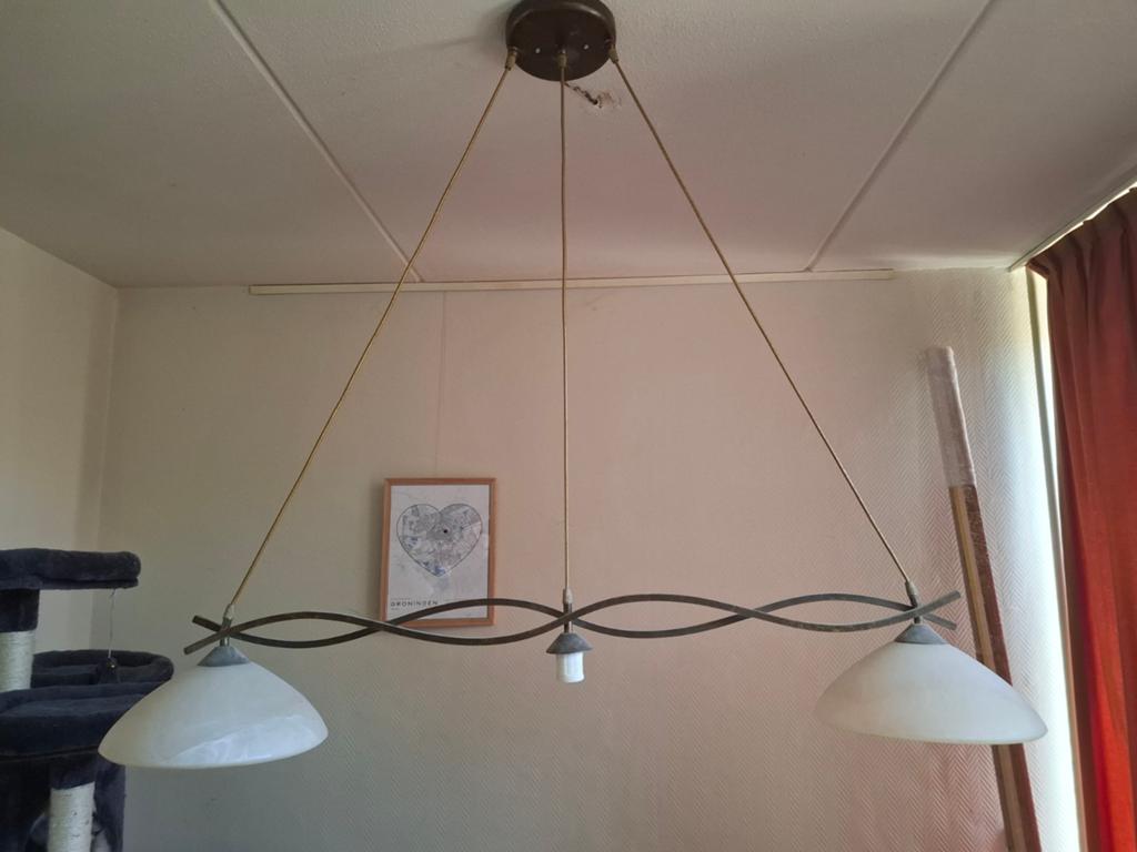 Steinhauer Capri 3-lichts hanglamp brons met albast glas, Gebruikt, 50 tot 75 cm, Glas, Ophalen