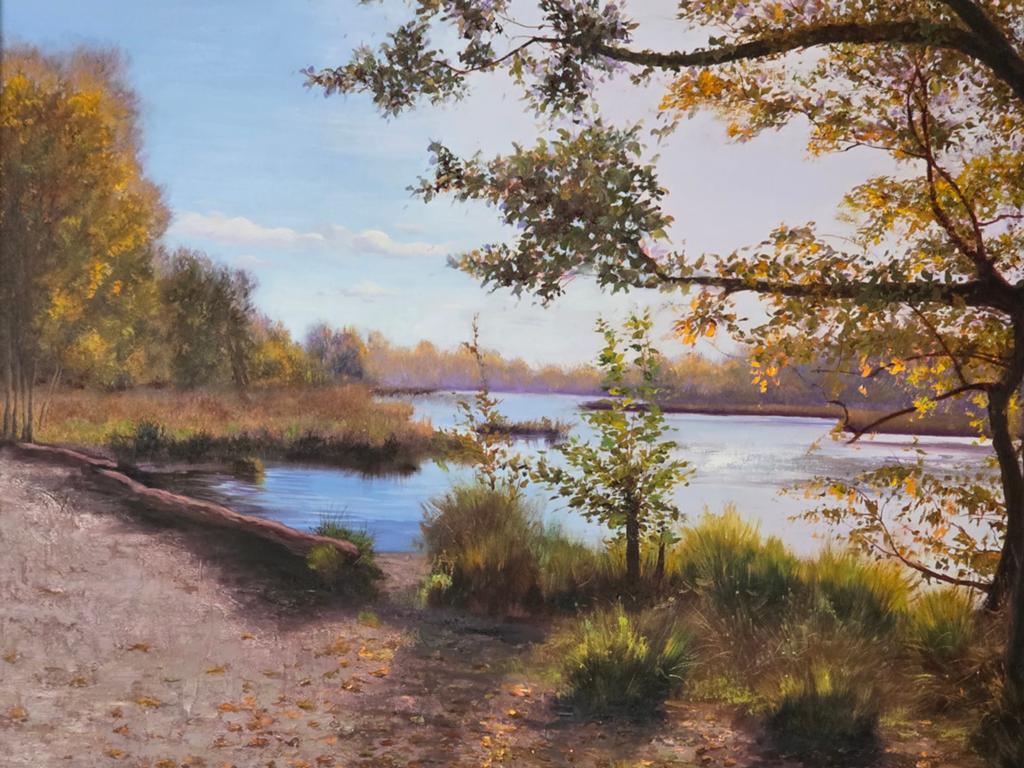 Schilderij: Herfstlandschap aan het water 70x100 cm, Ophalen