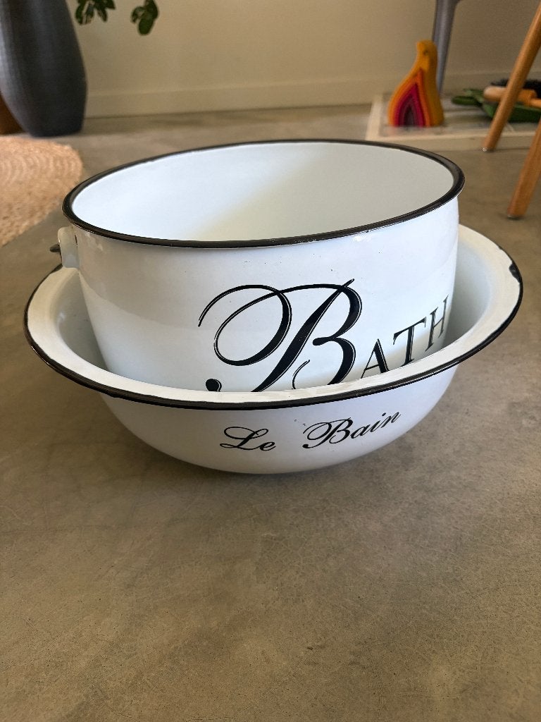 Vintage emaille badset Bath Le Bain wit zwart, Antiek en Kunst, Antiek | Emaille, Ophalen of Verzenden