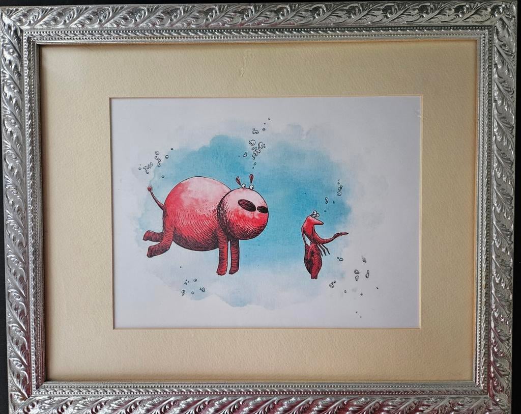 2 Kindertekeningen in zilverkleurige lijsten, Minder dan 50 cm, Gebruikt, Tekening, Ophalen of Verzenden