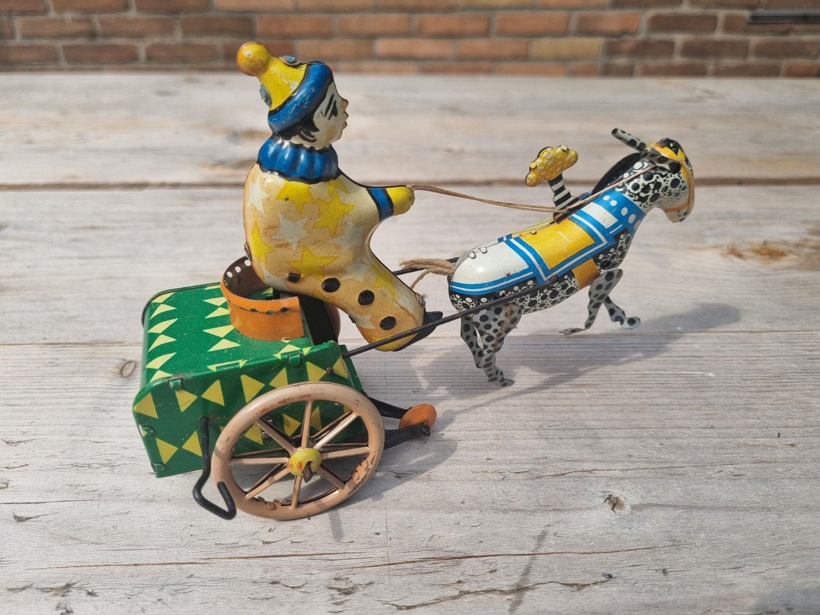 Vintage blikken speelgoed: Clown met ezel en kar, Antiek en Kunst, Ophalen of Verzenden