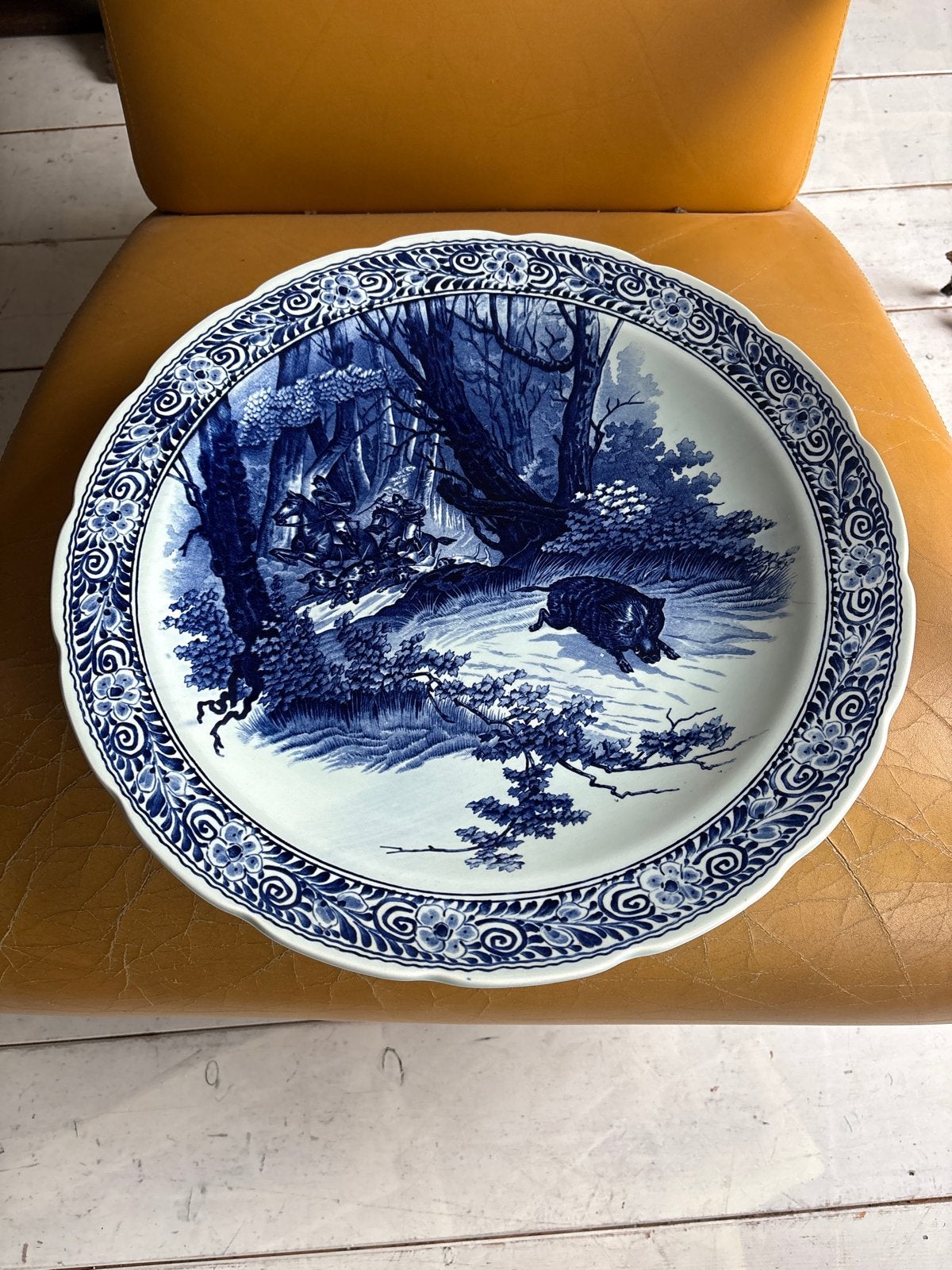 Antiek Delfts Blauw Wandbord - Zwijnenjacht, Ophalen