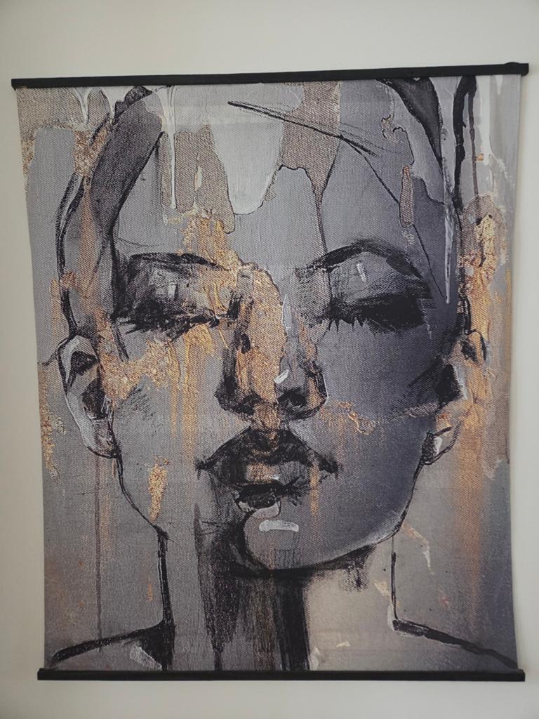 Groot wandkleed met abstract gezicht, goud en grijs, Ophalen