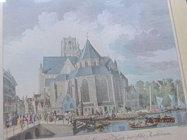 Gravure van de zeer Oude Laurenskerk te Rotterdam, gebr glas, Antiek en Kunst, Ophalen, Architectuur, Gravure