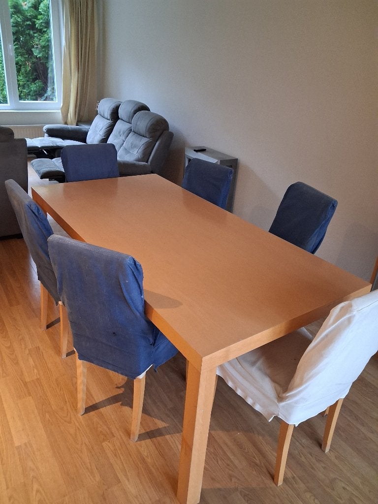 IKEA Houten eettafel met 6 stoelen. Dining table, 6 chairs, Huis en Inrichting, Ophalen, Gebruikt, IKEA Modern, 200 cm of meer