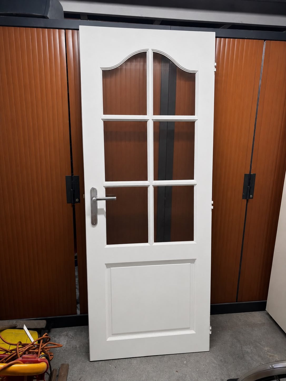 Hard houten deur met glas met rvs klink, Doe-het-zelf en Verbouw, Deuren en Horren, Ophalen, Gebruikt, 80 tot 100 cm, Binnendeur