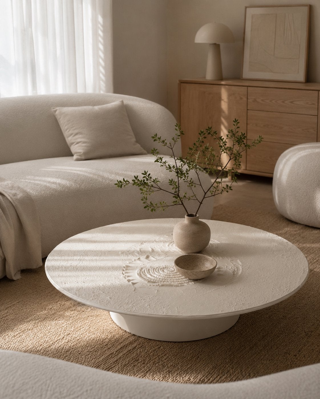 Ronde witte salontafel reliëf Japandi/Scandinavisch, Huis en Inrichting, Tafels | Salontafels, Ophalen, 100 tot 150 cm, Rond, 50 tot 100 cm