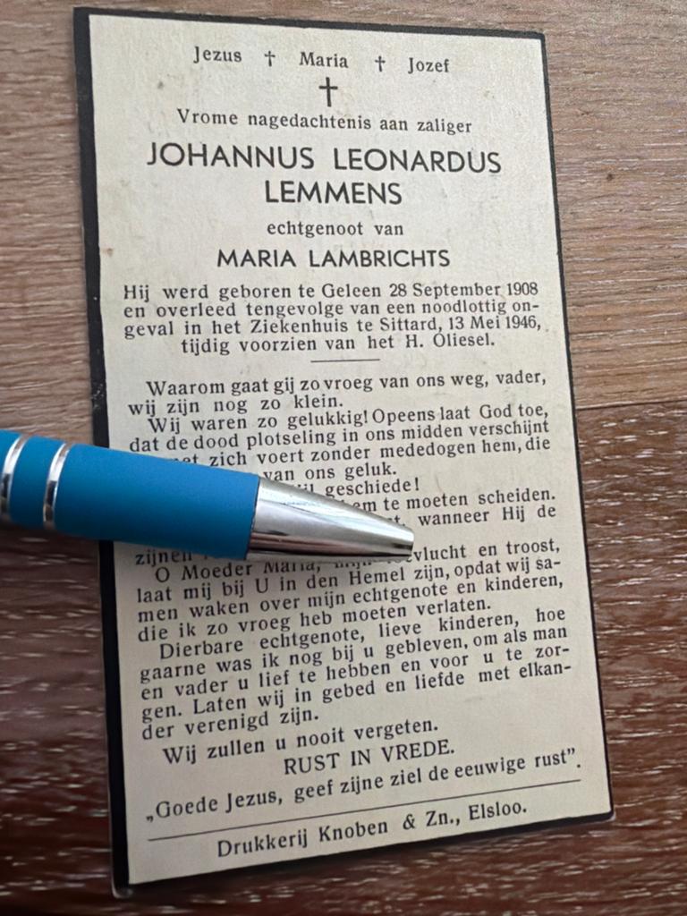 Lemmens Johannus 1908 Geleen 1946 Sittard x Lambrichts, Ophalen of Verzenden, Bidprentje
