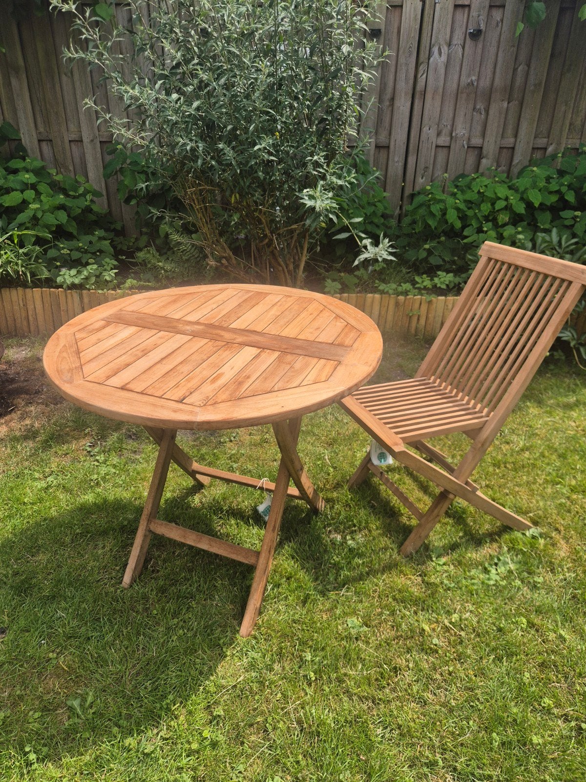 Teakhouten klaptafel (88 cm) met klapstoel, Ophalen, Gebruikt, Rond, Teakhout