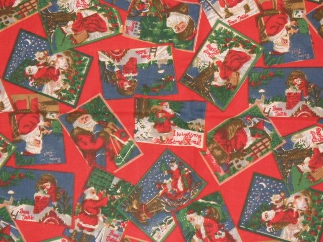 Vintage kerststof met kerstmannen en tekst in versch. talen, Ophalen of Verzenden, Zo goed als nieuw, 30 tot 120 cm, Katoen