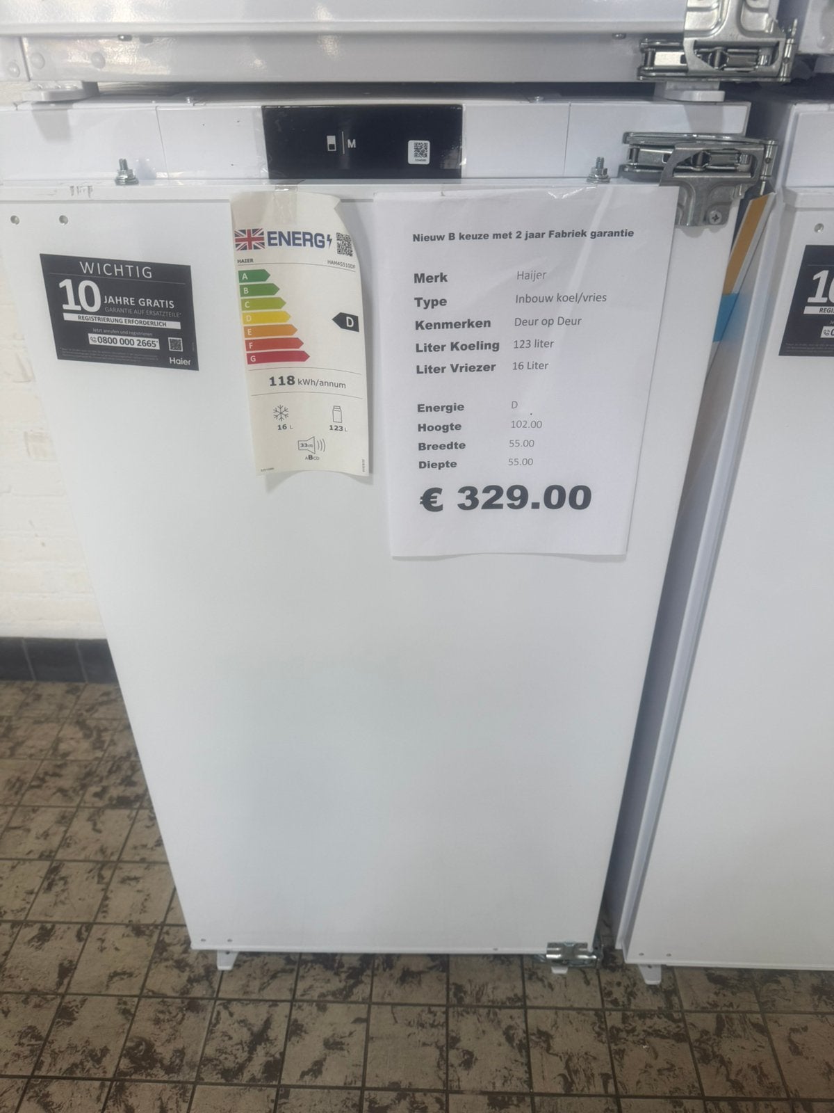 Inbouw koelkast met vriesvak nieuw deur op deur 102cm