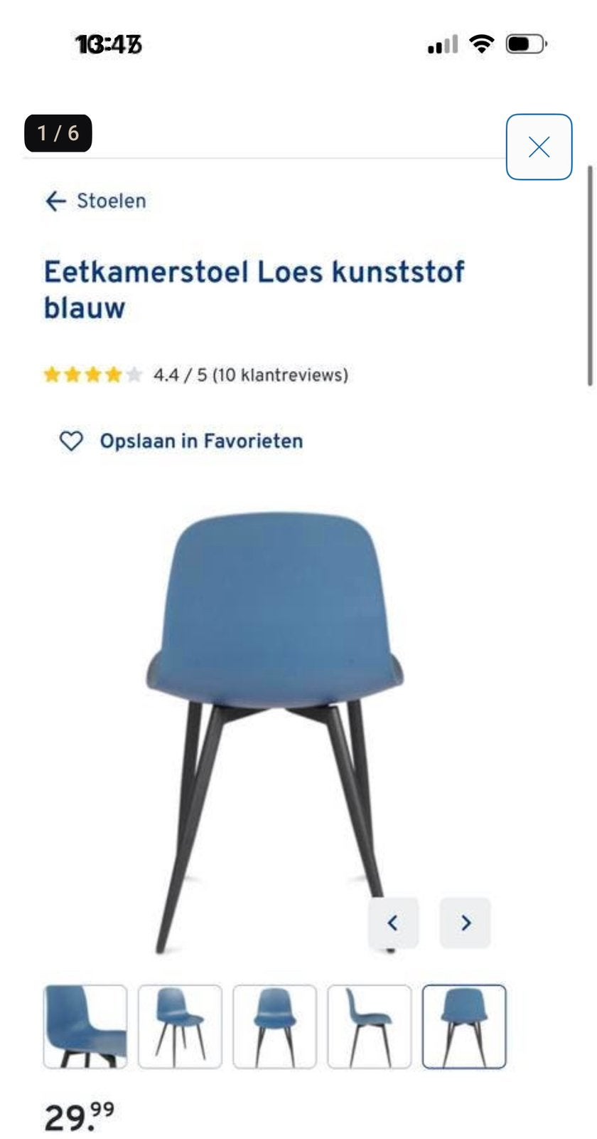 6 x Eetkamerstoel Loes kunststof blauw, Huis en Inrichting, Stoelen, Ophalen, Kunststof, Gebruikt, Blauw