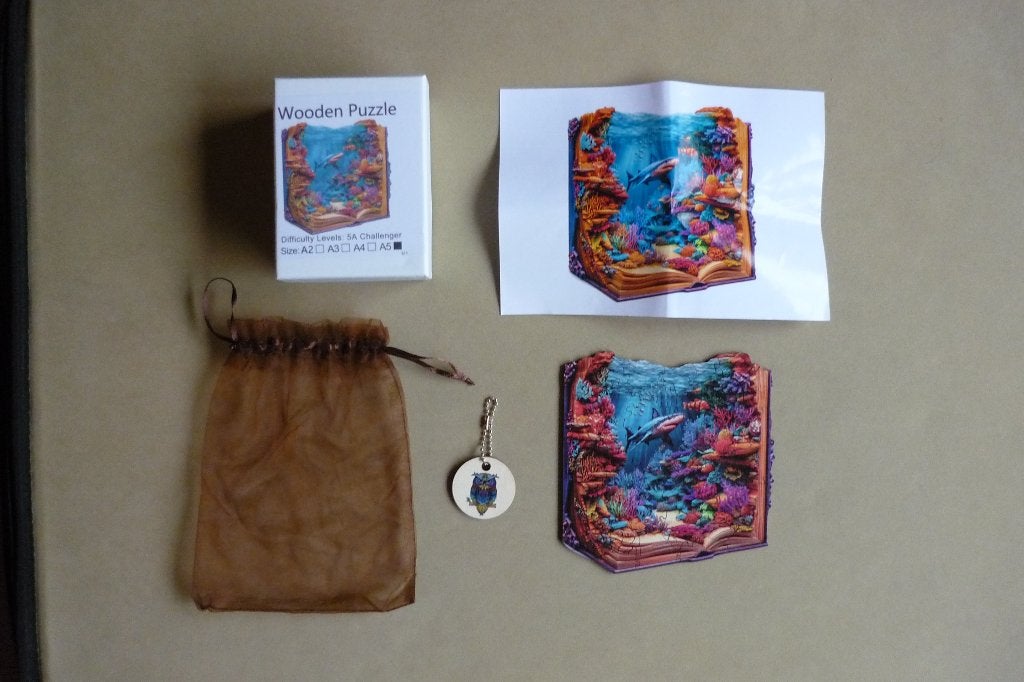Houten puzzel (A5) '' ONDERWATERWERELD '' + Poster 42 st., Ophalen, Minder dan 500 stukjes, Zo goed als nieuw, Legpuzzel