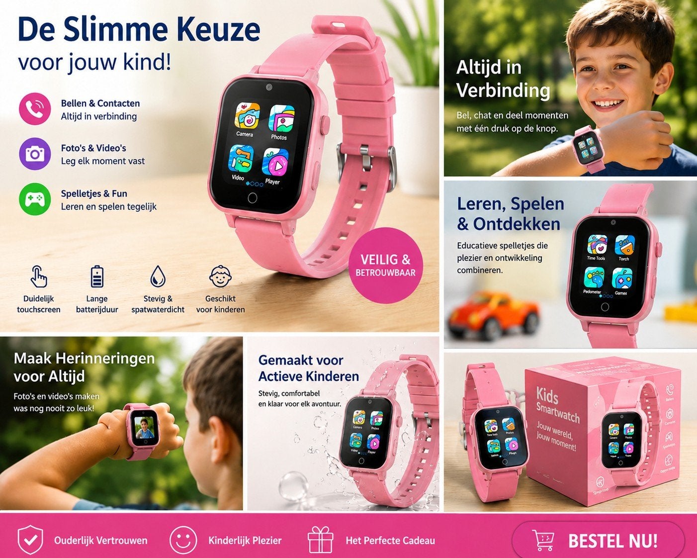 Roze Kinder Smartwatch – Camera, Muziek, Spelletjes & Stappe, Sieraden, Tassen en Uiterlijk, Horloges | Kinderen, Ophalen, Nieuw