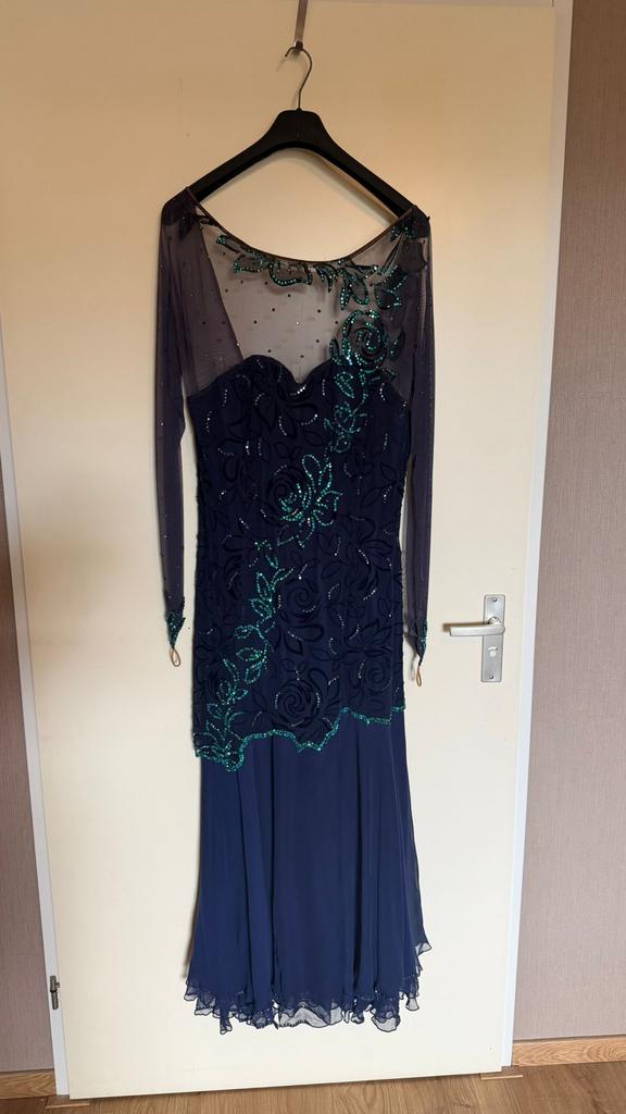 Elegante Dansjurk met Pailletten en Lange Mouwen, Blauw, Maat 42/44 (L), Ophalen of Verzenden, Gedragen