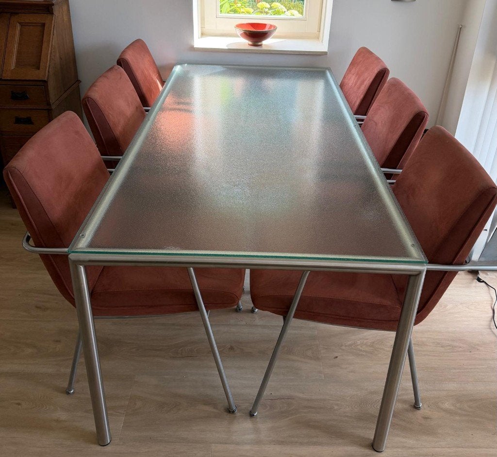 Design eettafel met 6 stoelen – Schrader Design, Ophalen, Gebruikt, 200 cm of meer, 50 tot 100 cm