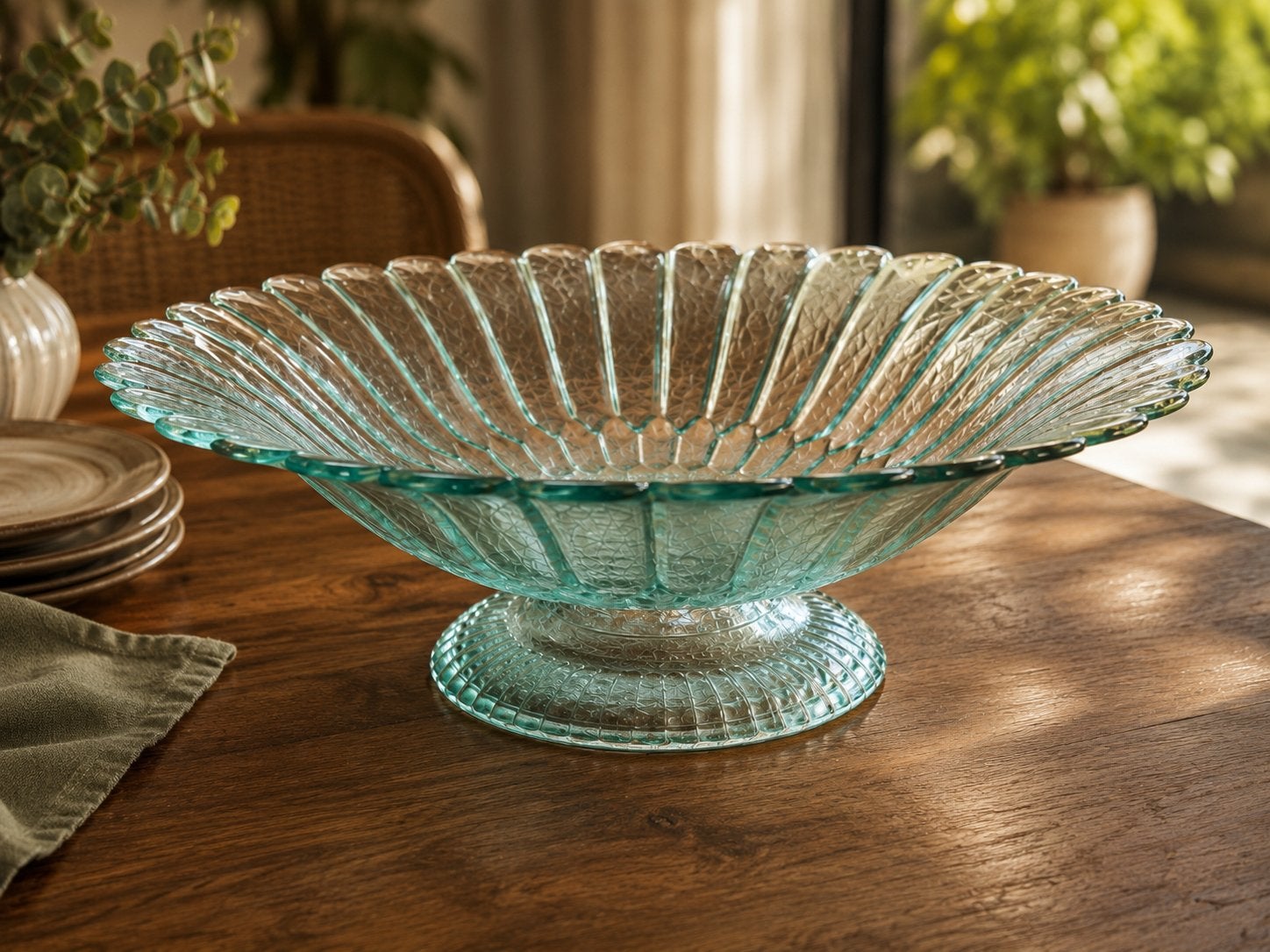 Decoratieve glazen schaal op voet, groen, Antiek en Kunst, Antiek | Glas en Kristal, Ophalen