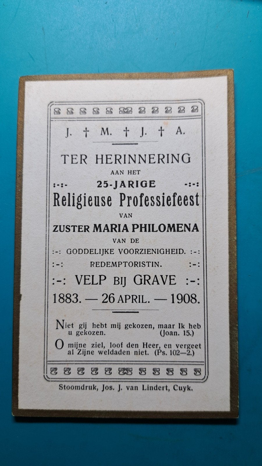 Zuster Maria Philomena. Velp Grave, 1883-1908, Verzamelen, Bidprentjes en Rouwkaarten, Verzenden, Bidprentje