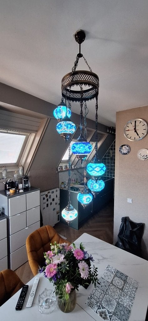turkse mozaiek kroonluchter blauw, Ophalen, E14 (klein), Zo goed als nieuw, Glas