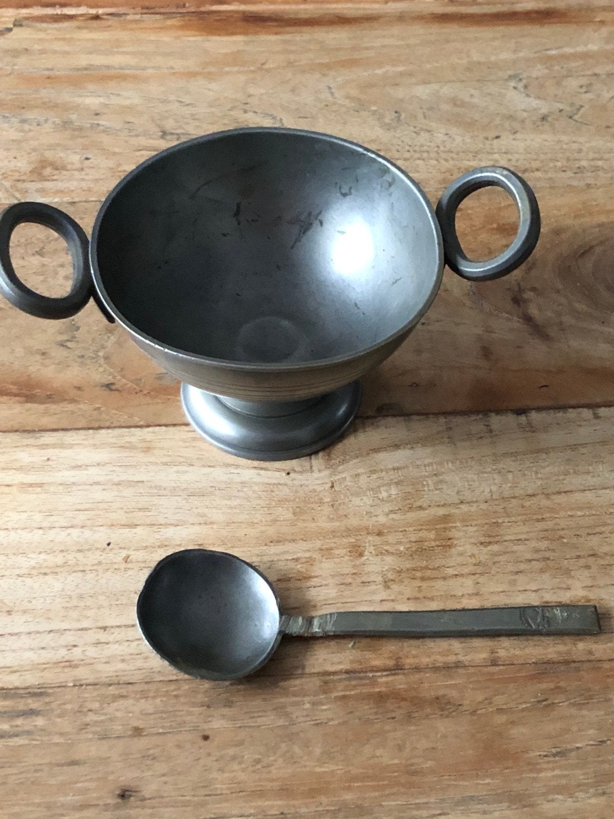 Oude mogelijk antieke tinnen papkom en lepel, Antiek en Kunst, Ophalen of Verzenden