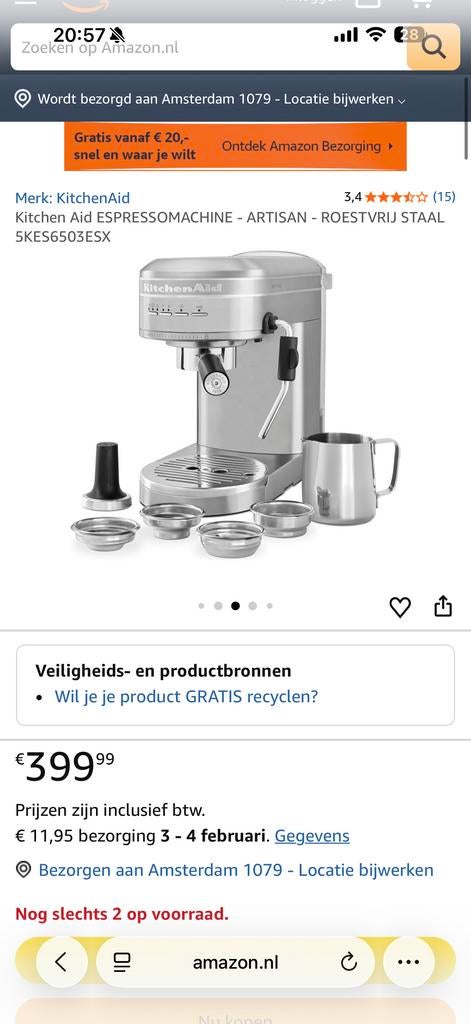 KitchenAid Artisan Espressomachine Roestvrij Staal, Ophalen of Verzenden, Zo goed als nieuw, Espresso apparaat, Gemalen koffie