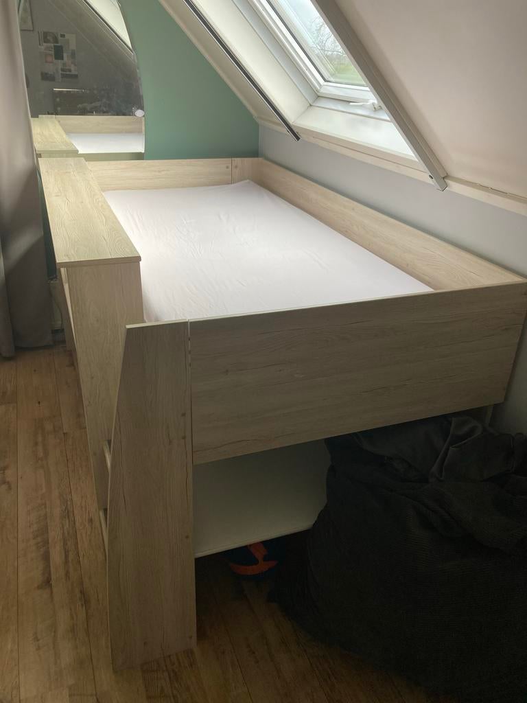 Halfhoogslaper eiken/wit, Ophalen, Gebruikt, 90 cm, Eenpersoons