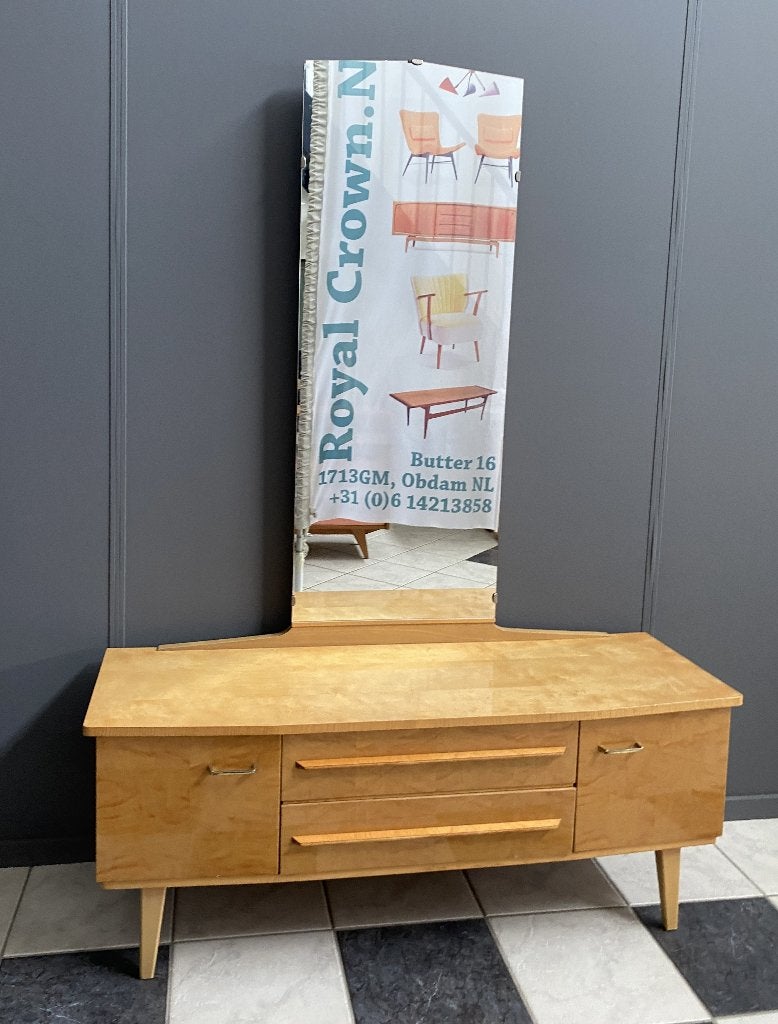 50 jaren Mooie licht hout hoogglans kaptafel laag dressoir, Huis en Inrichting, Ophalen, Gebruikt, 100 tot 150 cm, Vintage