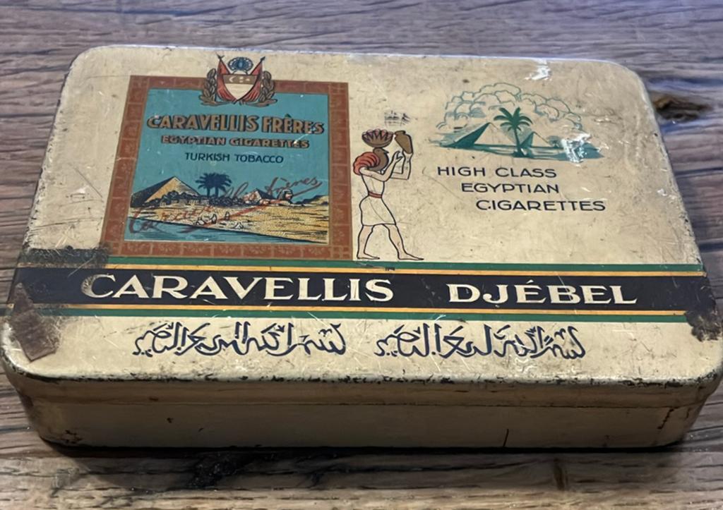 Oud Caravellis Djébel Freres Egyptian sigaretten blik Droste, Ophalen of Verzenden, Gebruikt, Tabaksdoos of Verpakking